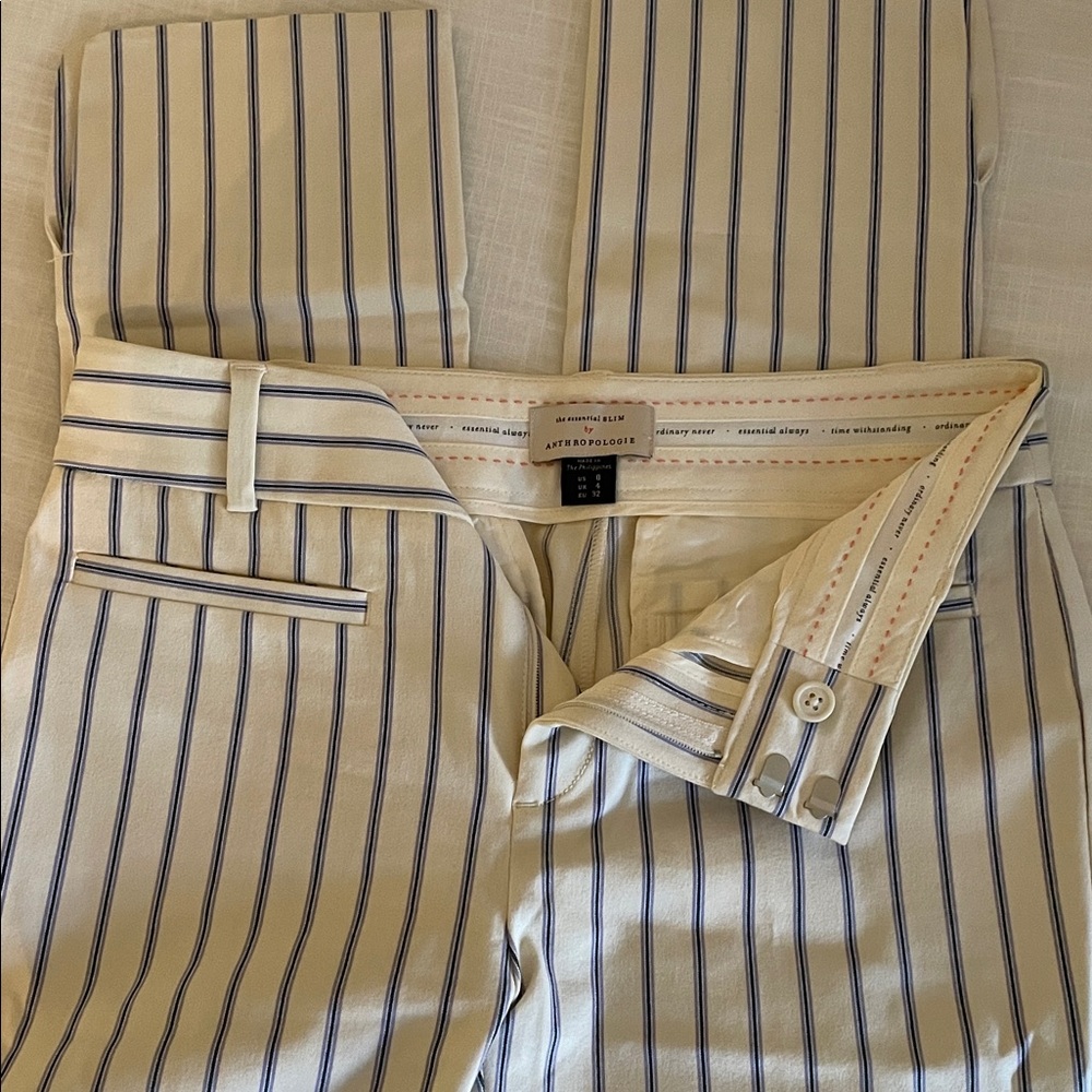 Anthropologie Cream and Blue Striped Cropped Pants